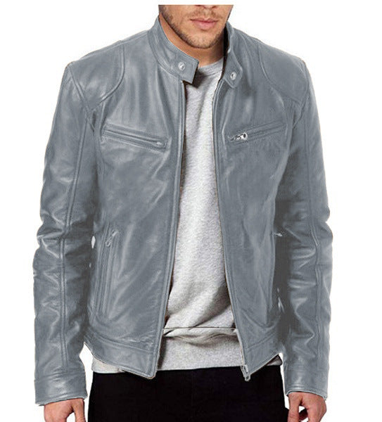 Jachetă din piele slim-fit cu fermoar cald și guler înalt