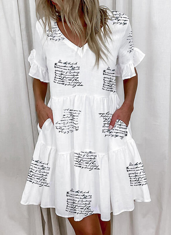 La modă rochie de buzunar cu volan imprimat scurt la modă